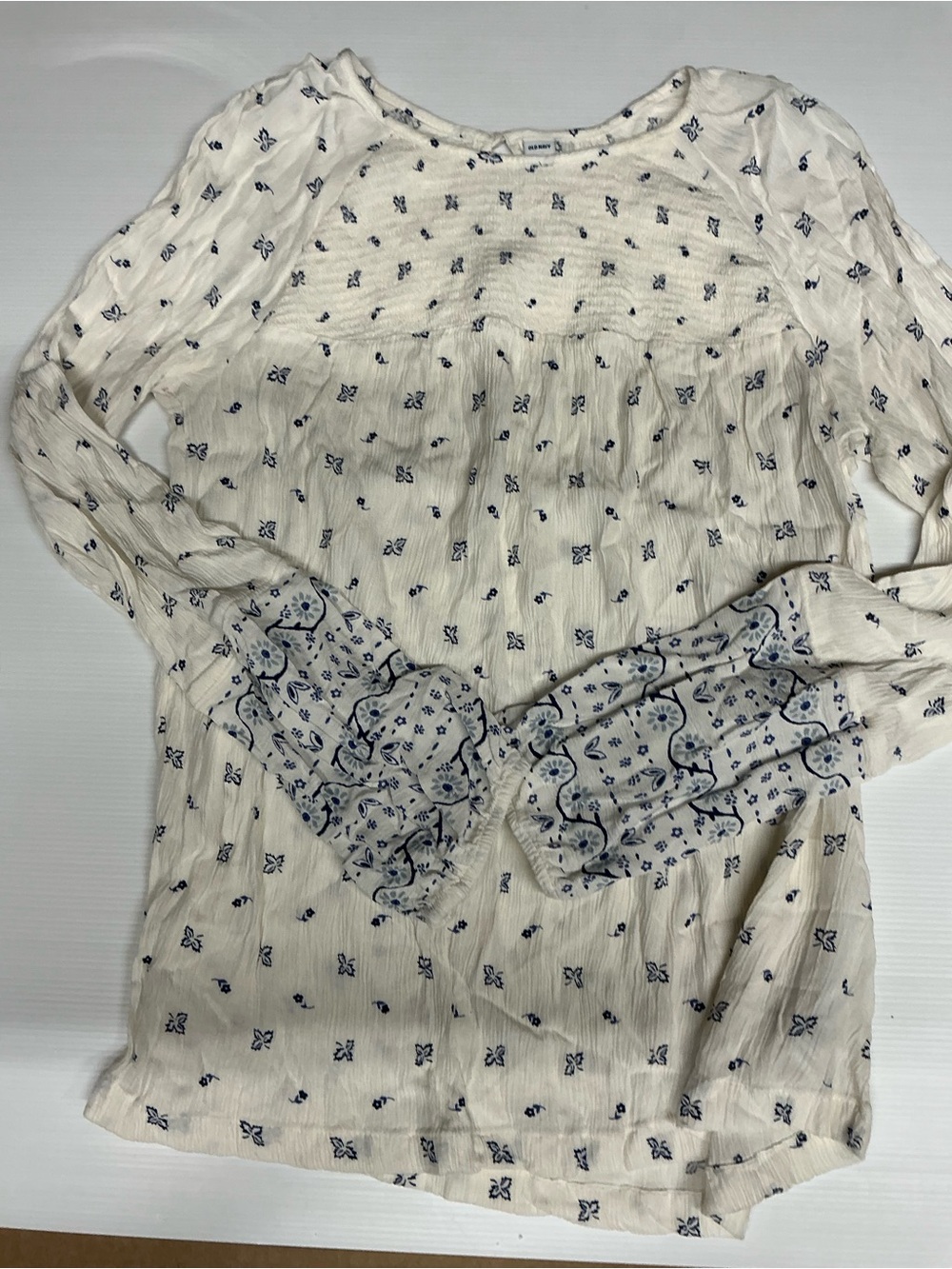 Old Navy White Peasant Blouse with Blue Print